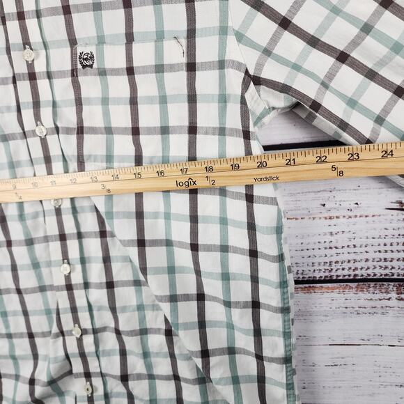 Cinch Western Button-Up Shirt M Green Brown Plaid Logo Pocket Cowboy Ranch - Picture 7 of 7